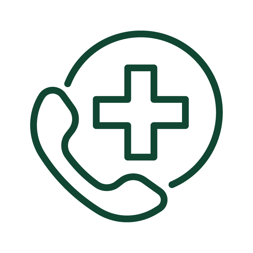 Green outline icon combining a telephone receiver and a medical cross within a circular boundary, representing emergency medical contact.