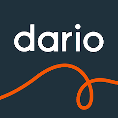 Dario (Happify) app logo featuring the word "dario" in white lowercase letters above a looping, bright orange line on a dark blue background.