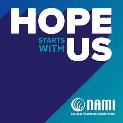 Graphic with white text reading "HOPE STARTS WITH US" against a blue and teal diagonal background, featuring the NAMI logo.