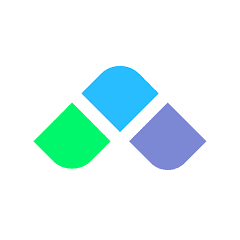 Logo featuring three overlapping, rounded square shapes in bright cyan, green, and purple on a white background.