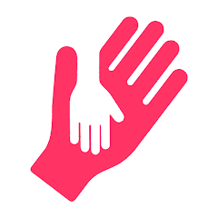 A bright pink silhouette of an adult hand cradling a smaller white silhouette of a child's hand, symbolizing support and care.