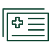 Dark green outline icon depicting stacked medical news or documents with a prominent plus sign symbol on the left.